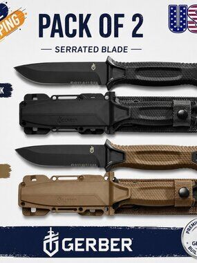 Gerber StrongArm Fixed Blade Knife Coyote Brown & Black Serrated Pack of 2